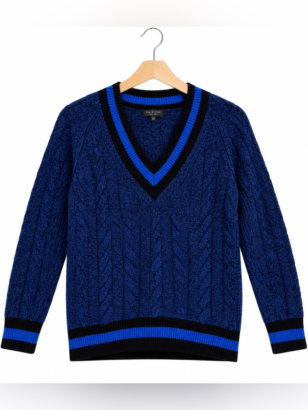rag & bone Blue and Black Cable-Knit V-Neck Sweater